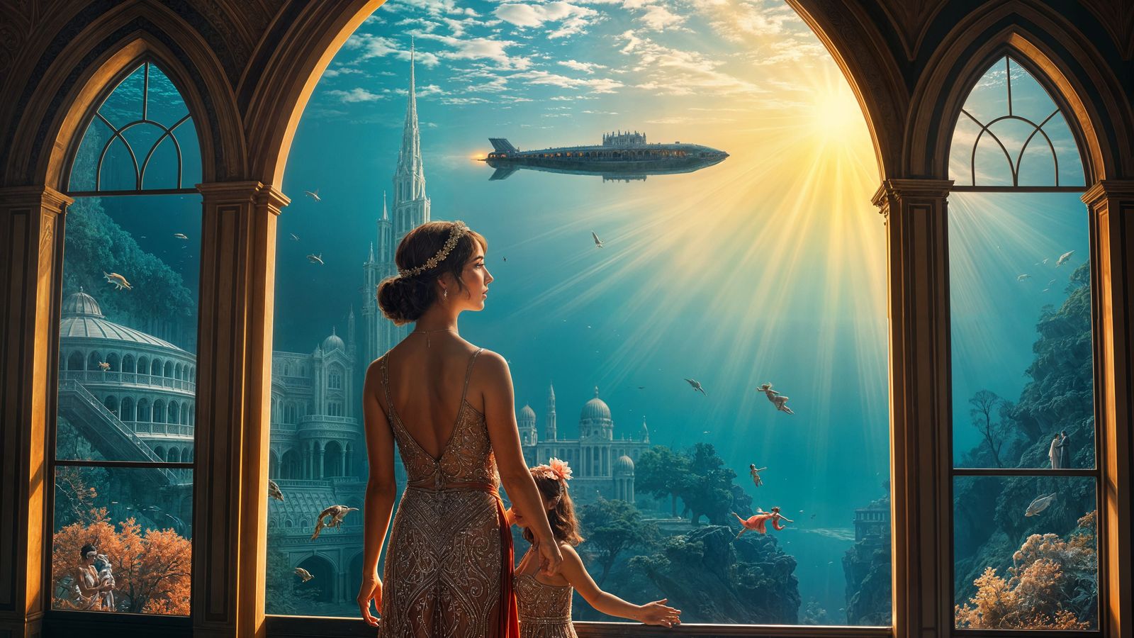 Underwater City: Art Deco Mother and Daughter Await