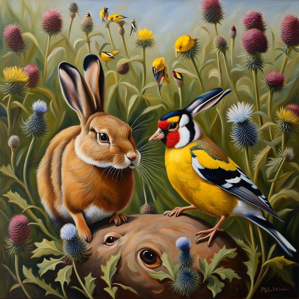 Hare and Goldfinch: Philosophical Oil Painting