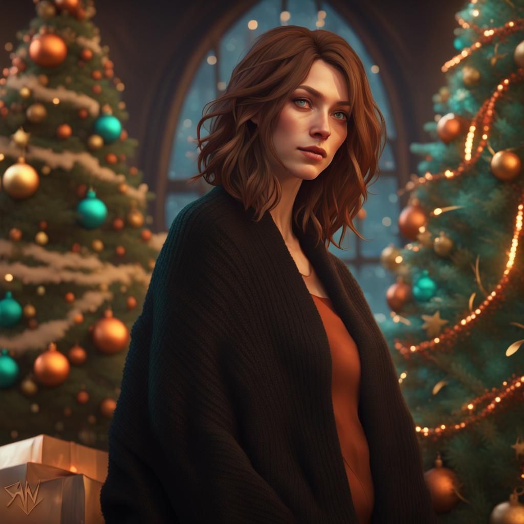 Woman in Black Sweater by Christmas Tree
