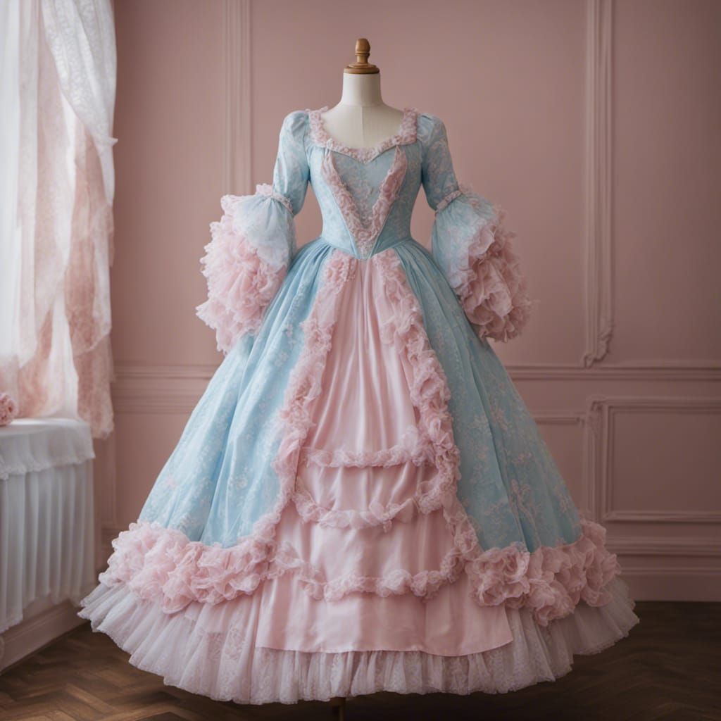 Rococo Pink and Blue Princess Dress on Dress Form