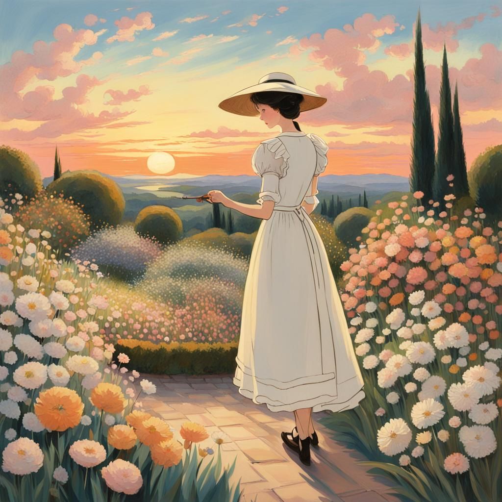 Woman in Garden at Sunset: Anime Character Design