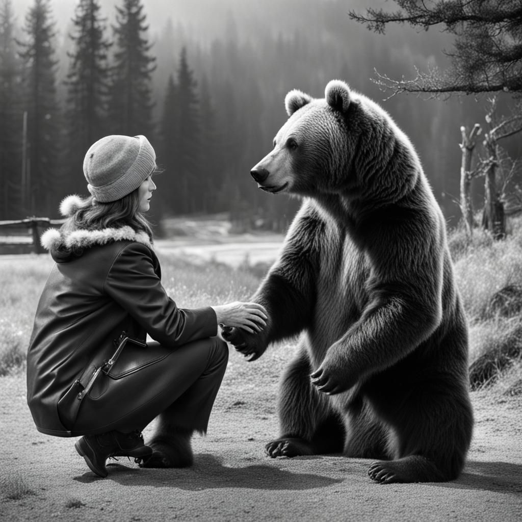 Greta Garbo Meets a Bear: Black and White Photo