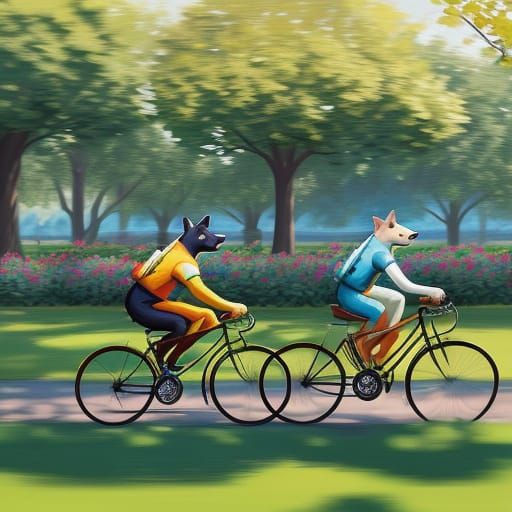 Dogs Cycling Through Park in Vibrant Oil Painting