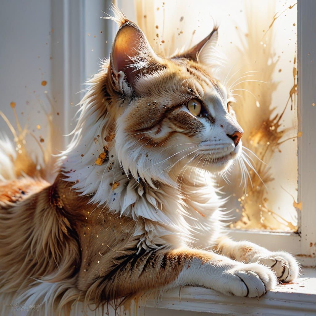 Majestic Maine Coon Cat on Antique Windowsill in Golden Ligh...