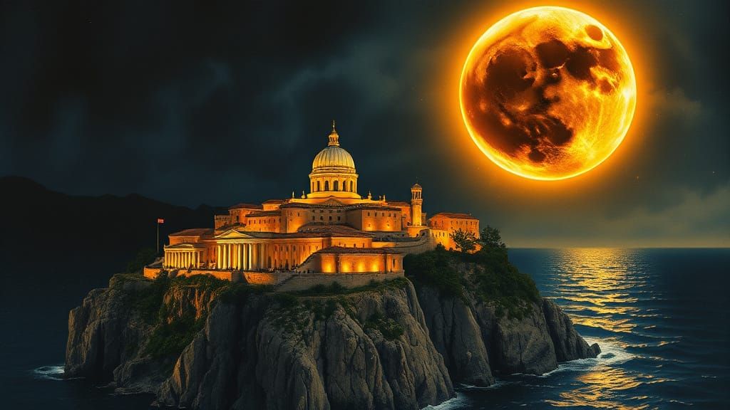 Butterfly Double Exposure: Ancient City Under Golden Moon