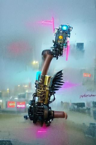 Steampunk Engine in Cyberpunk Neon Cityscape