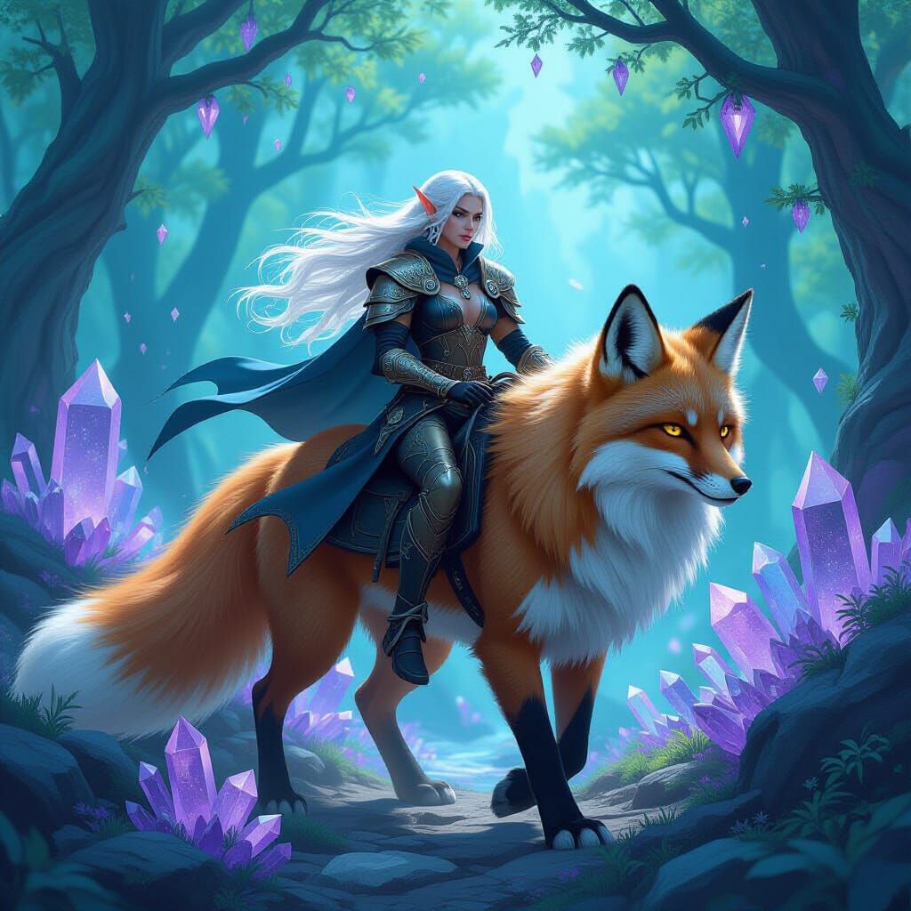 Dark Elf on Mystical Fox in Crystal Forest