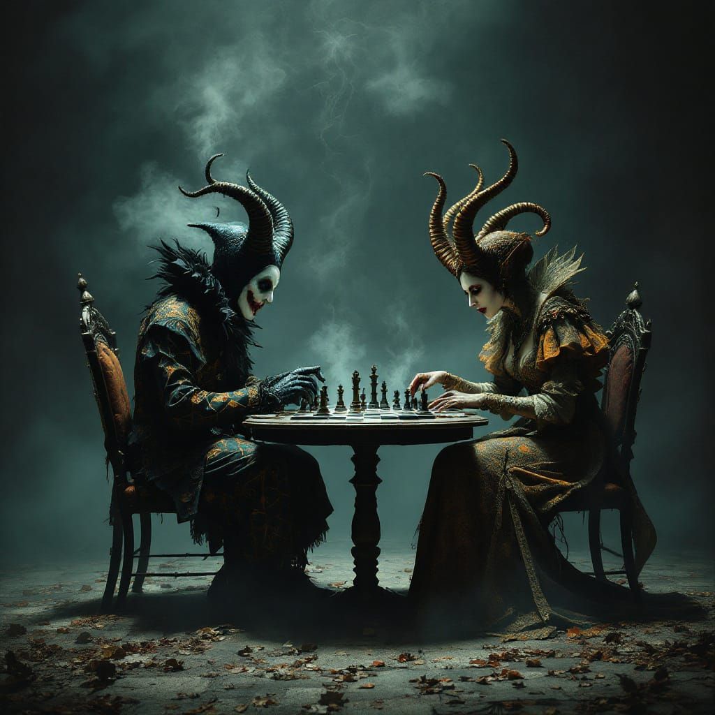 Jester and Demoness Play Chess in Dramatic Lighting