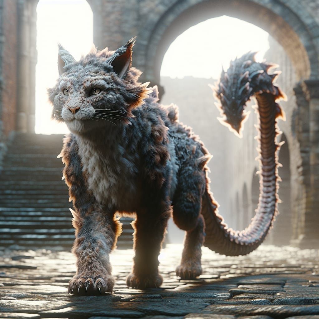 Feline-Dragon Hybrid in Ancient Castle Ruins