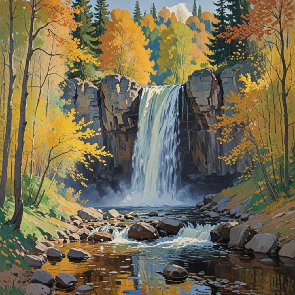 Serene Autumn Waterfalls in Matisse and Korovin Style