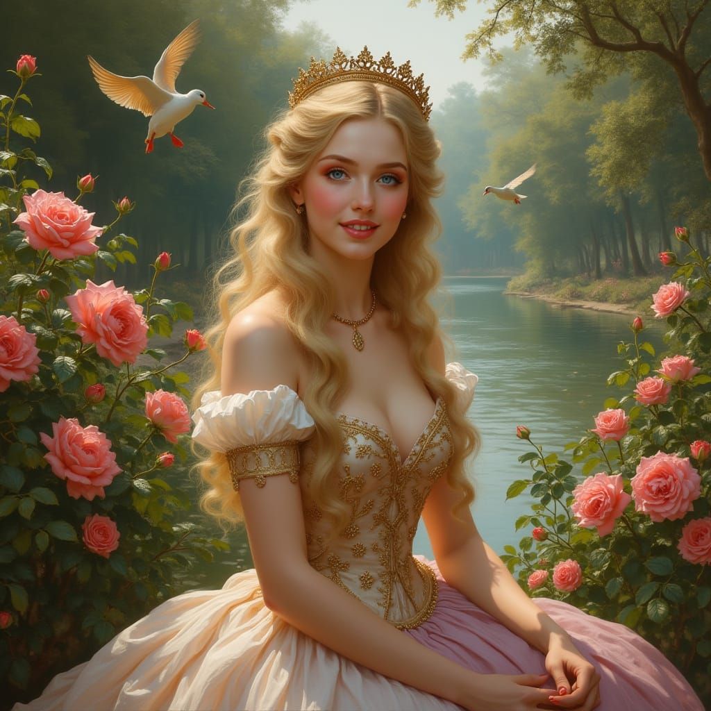 Elegant Young Woman in a Rococo Garden