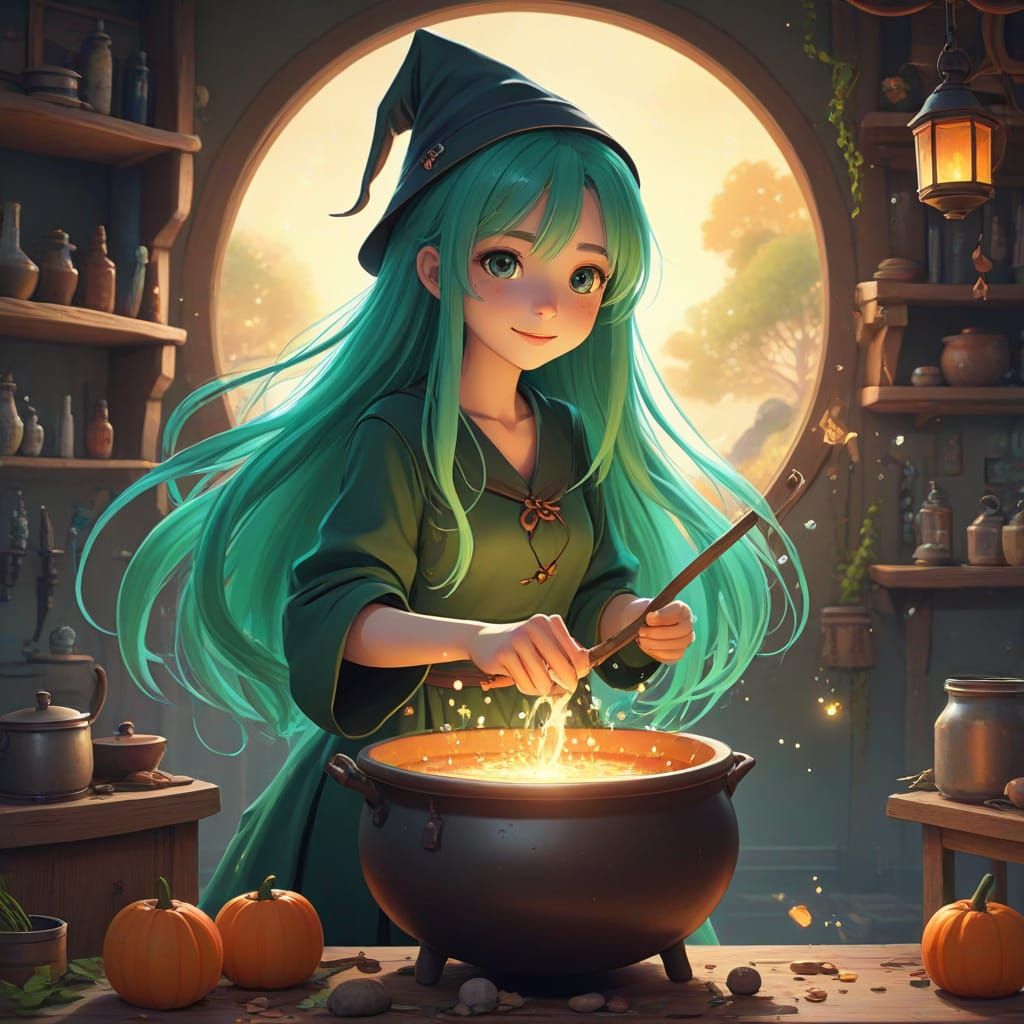 Whimsical Anime Witch With Green Hair And Sprites