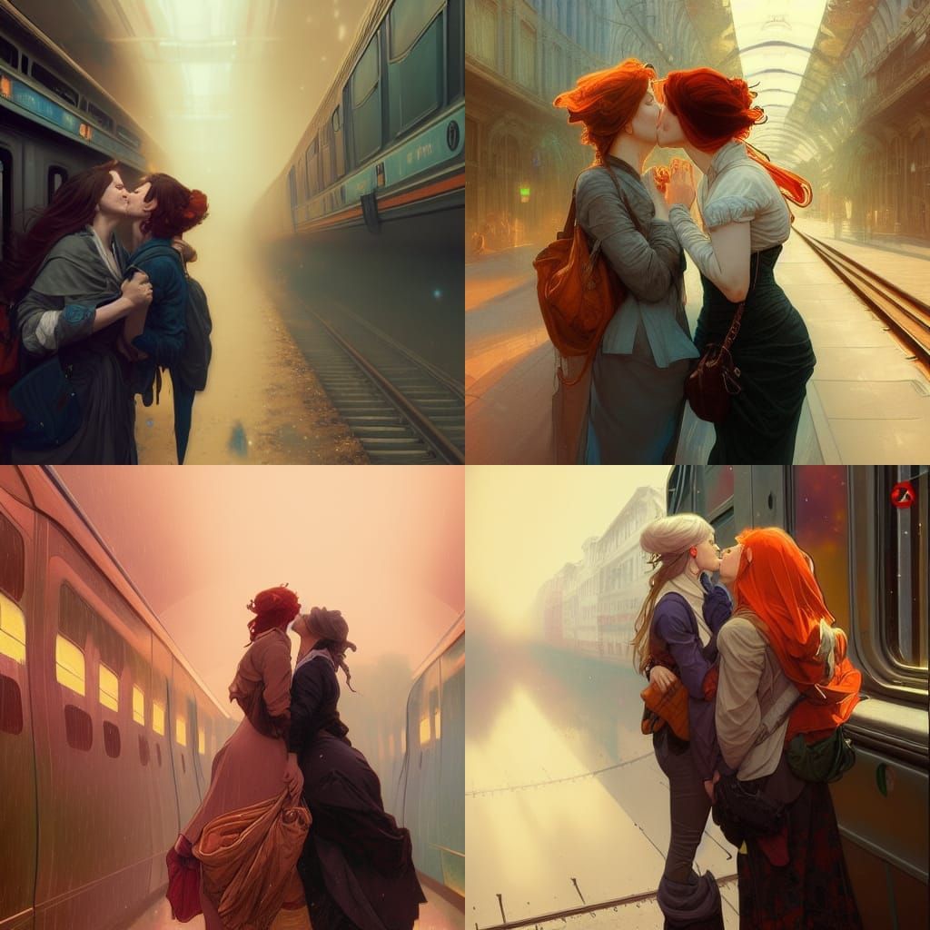 Two Women Kissing on a Train, Art Nouveau