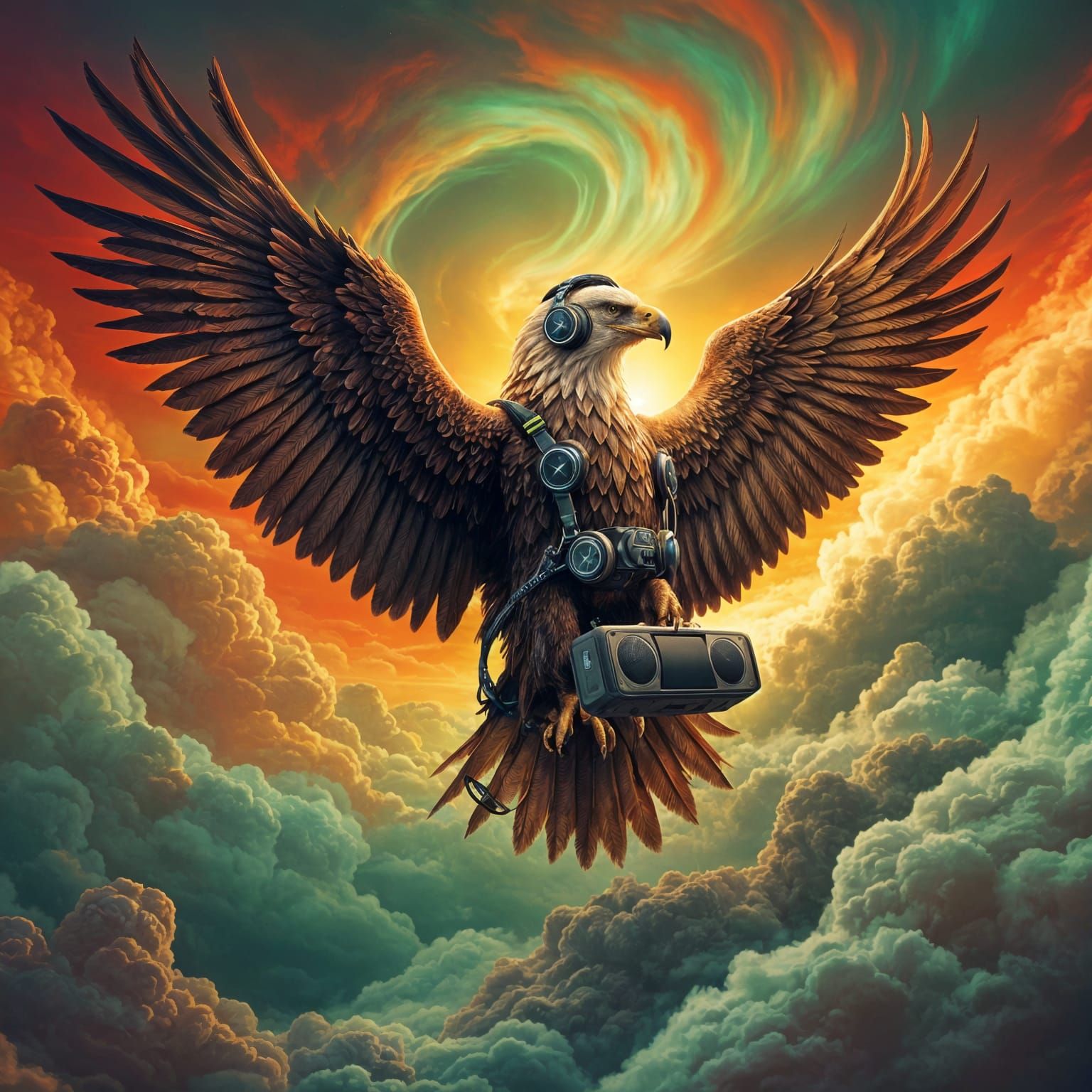 Eagle in Vibrant Clouds Wears Headphones and Speaker
