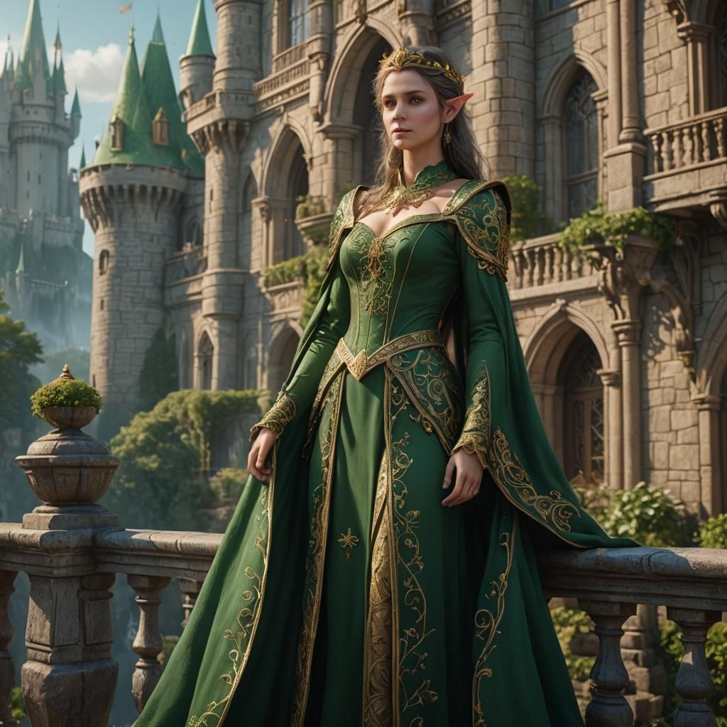 Elf Princess in Green Dress on Castle Balcony