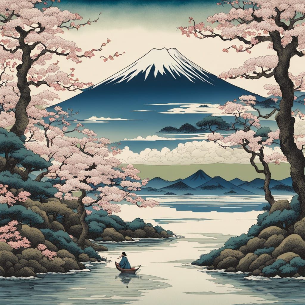 Japanese Kung Fu Master on Mt. Fuji with Cherry Blossoms