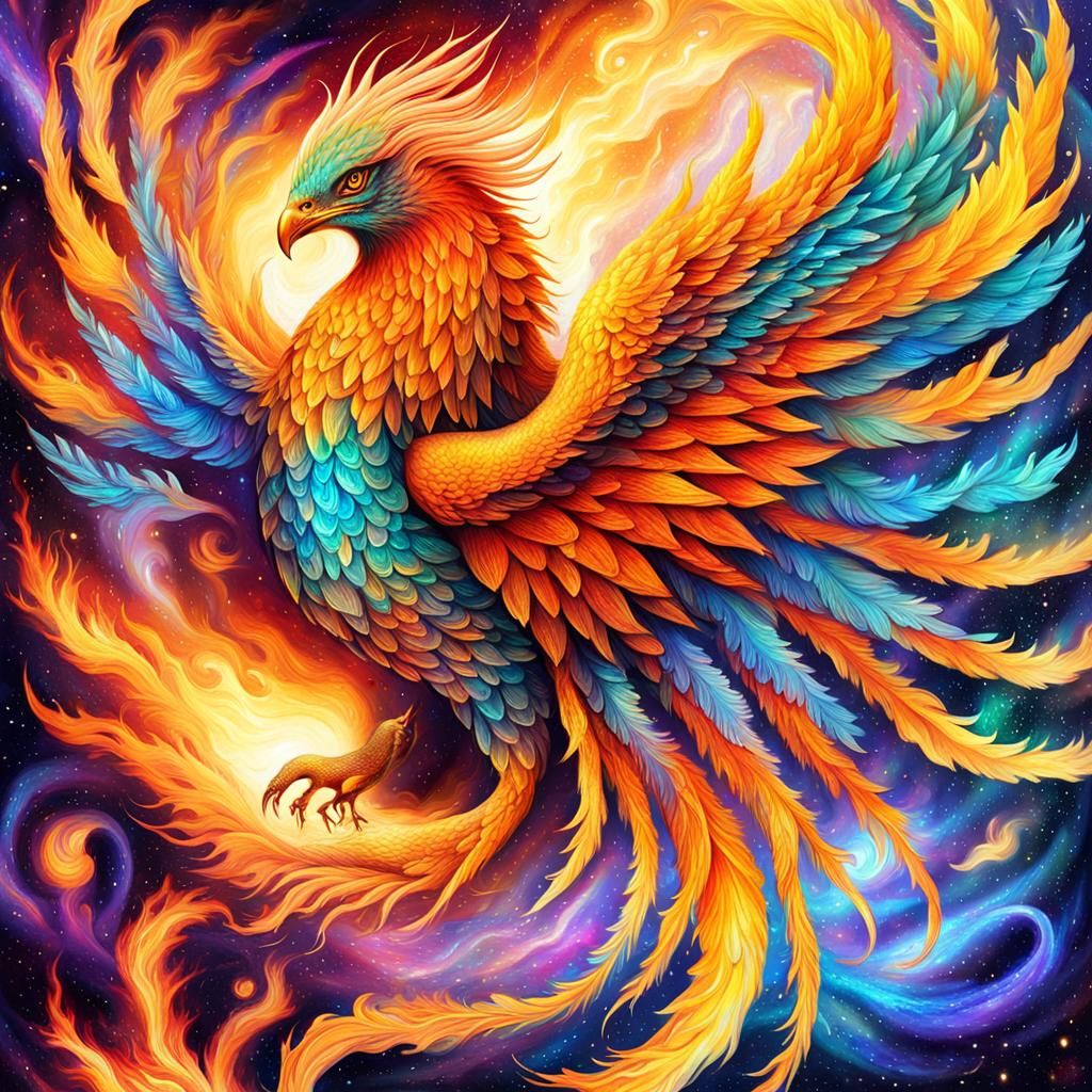 Mythical Phoenix Rising: Holographic Astral Illustration