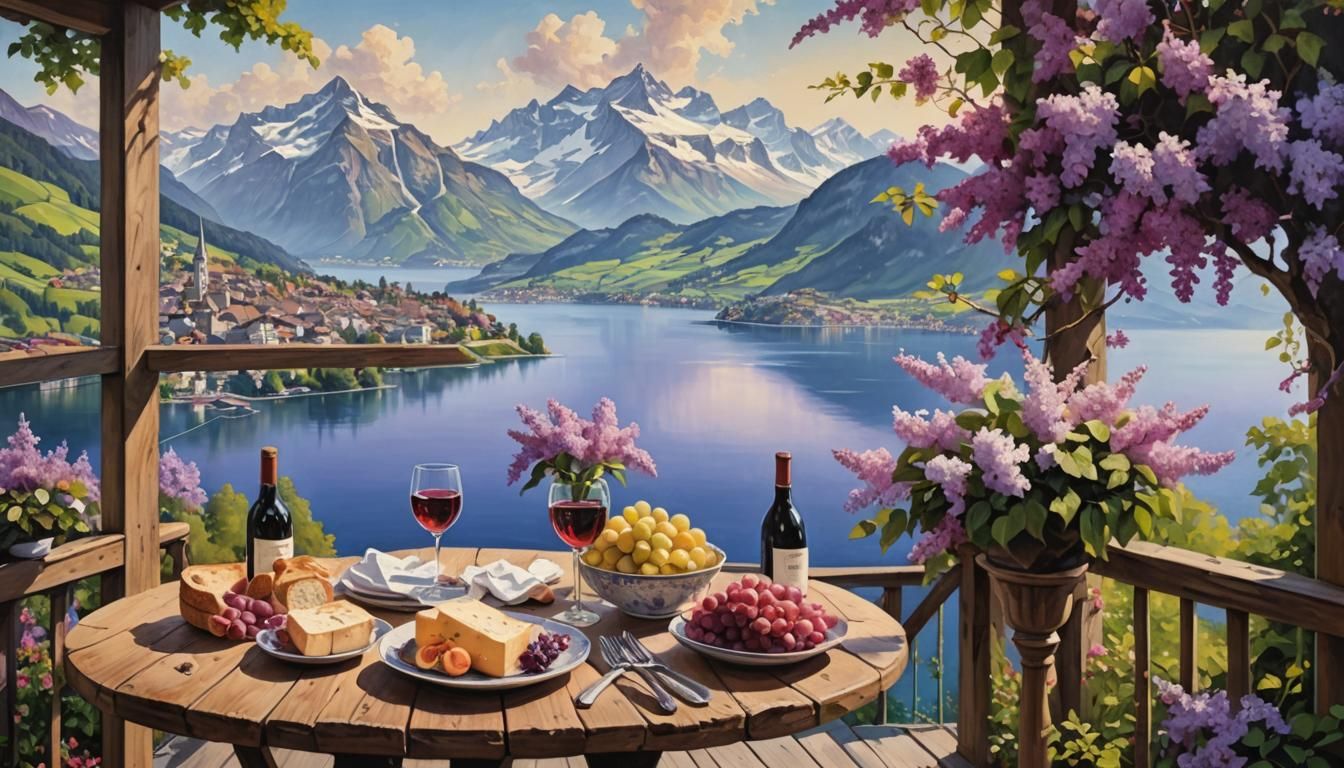 Lake Lucerne Balcony: Vibrant Oil Painting on Canvas