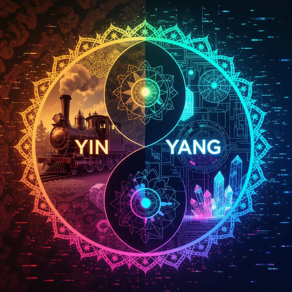 Yin Yang Digital Collage: Victorian Meets Cyberpunk