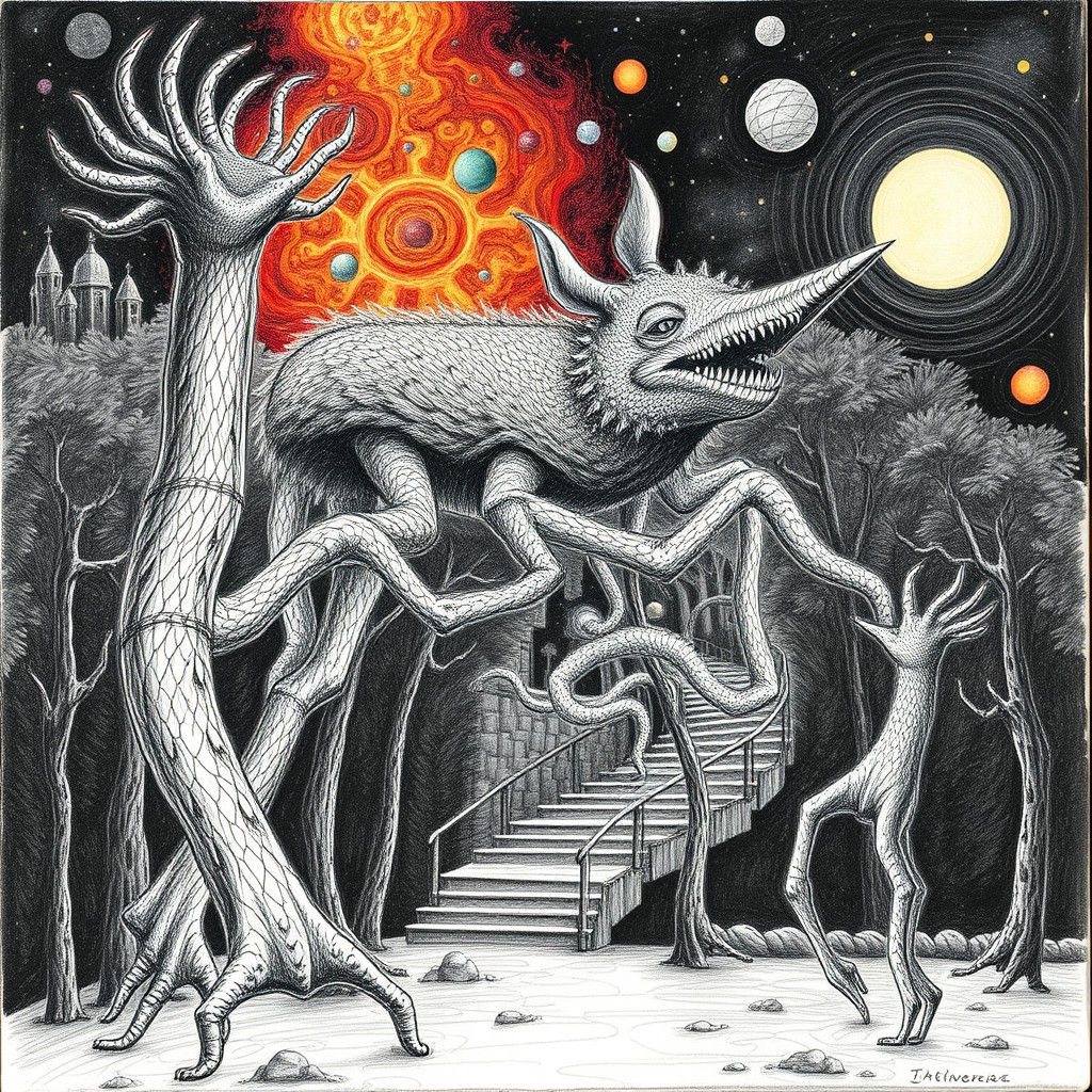 Surreal Ultraweasel Pencil Sketch in Primitivism Style