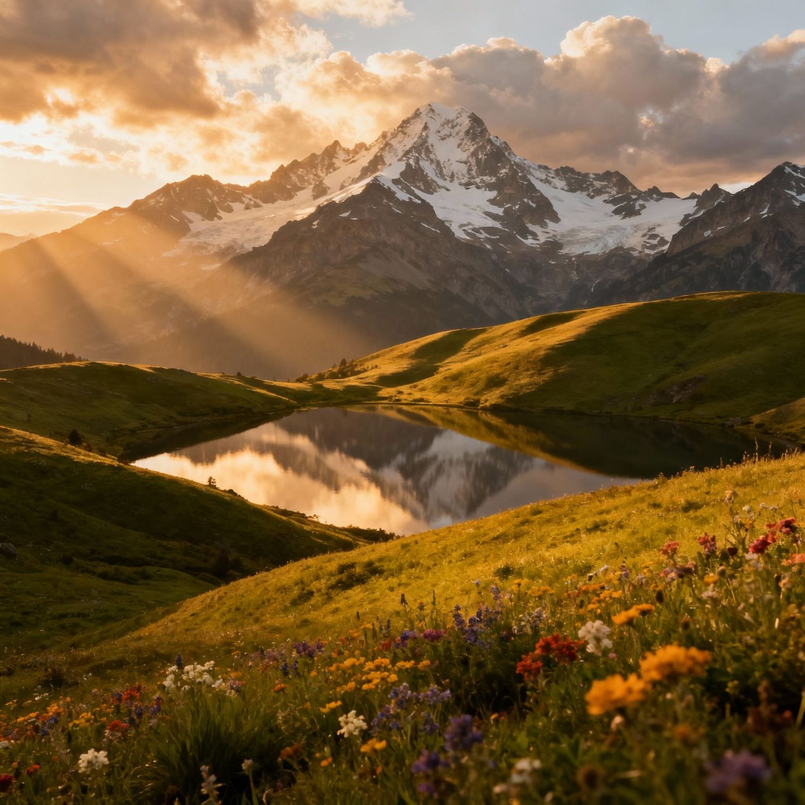 Golden Hour Panoramic Landscape with Mountains and Lake