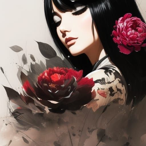 Peony Girl Portrait in Anime Comic Style