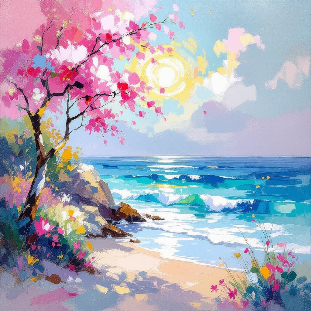 Impressionistic Spa Painting with Gold Accents