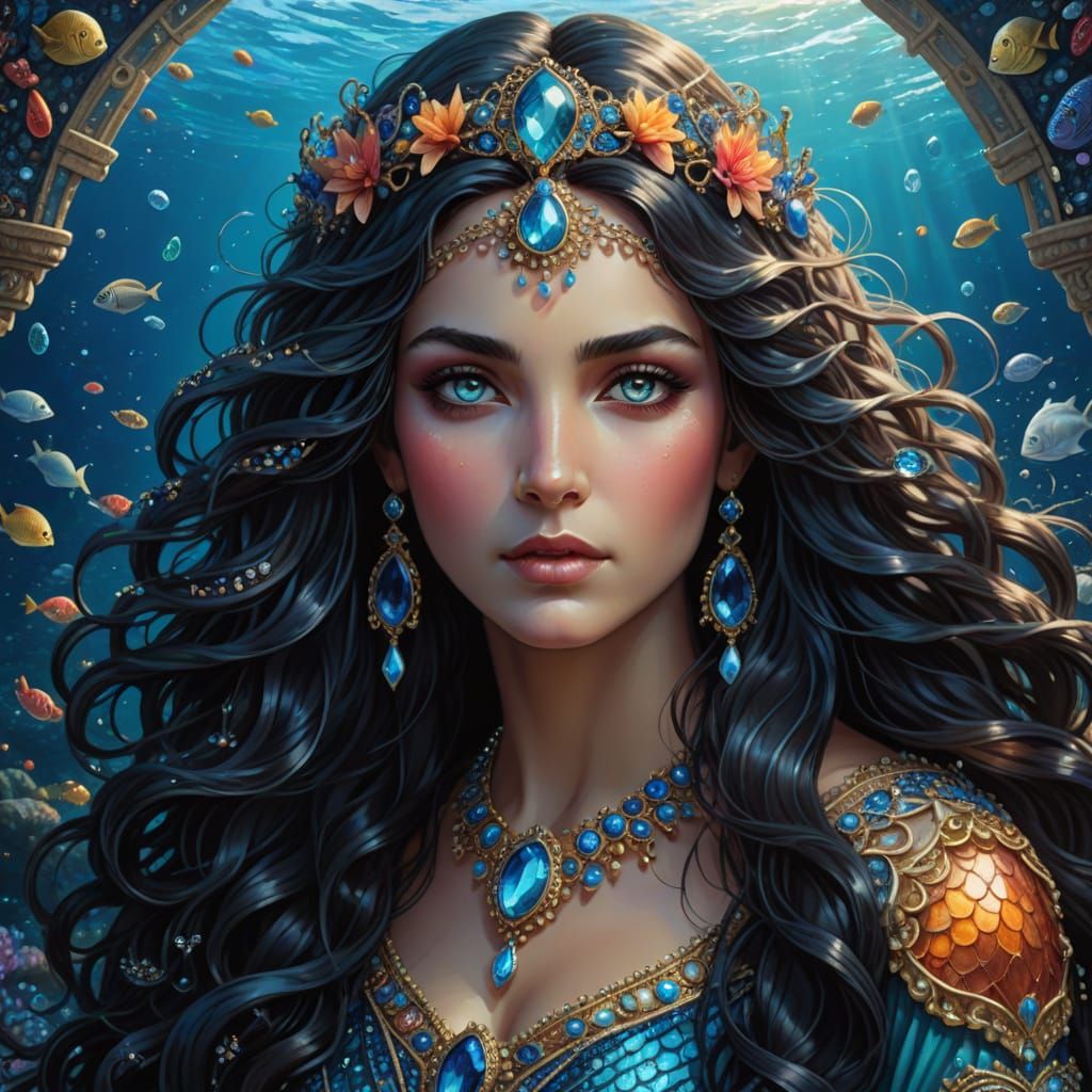 Mystical Goddess of the Ocean in Vibrant, Detailed Portrait