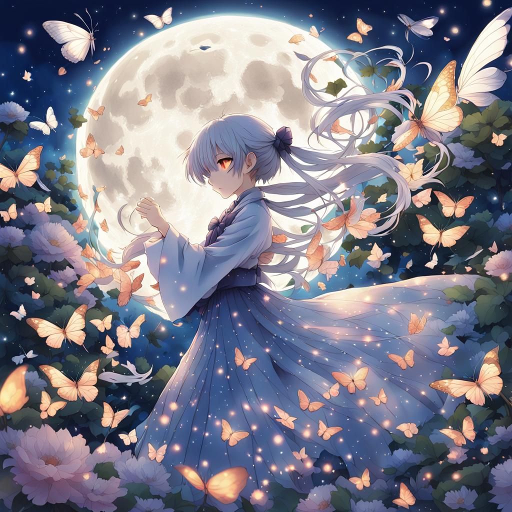 Moonlit Butterflies Dance in Anime Garden