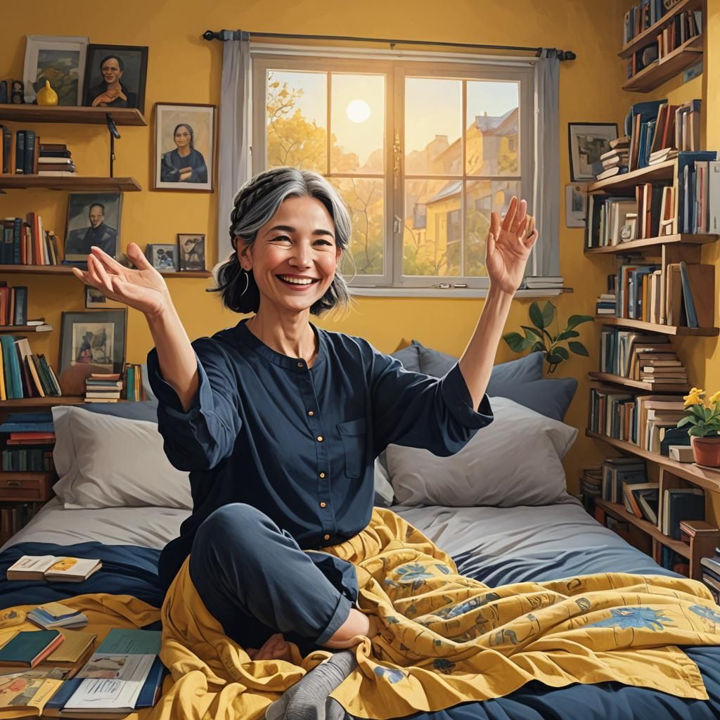 Young Woman in Book-Filled Bedroom, Fantasy Art