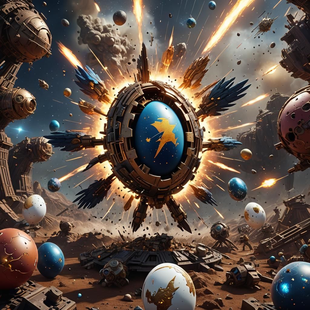 Epic Battle: Mechanical Egg vs Chicken in Cosmic Collision