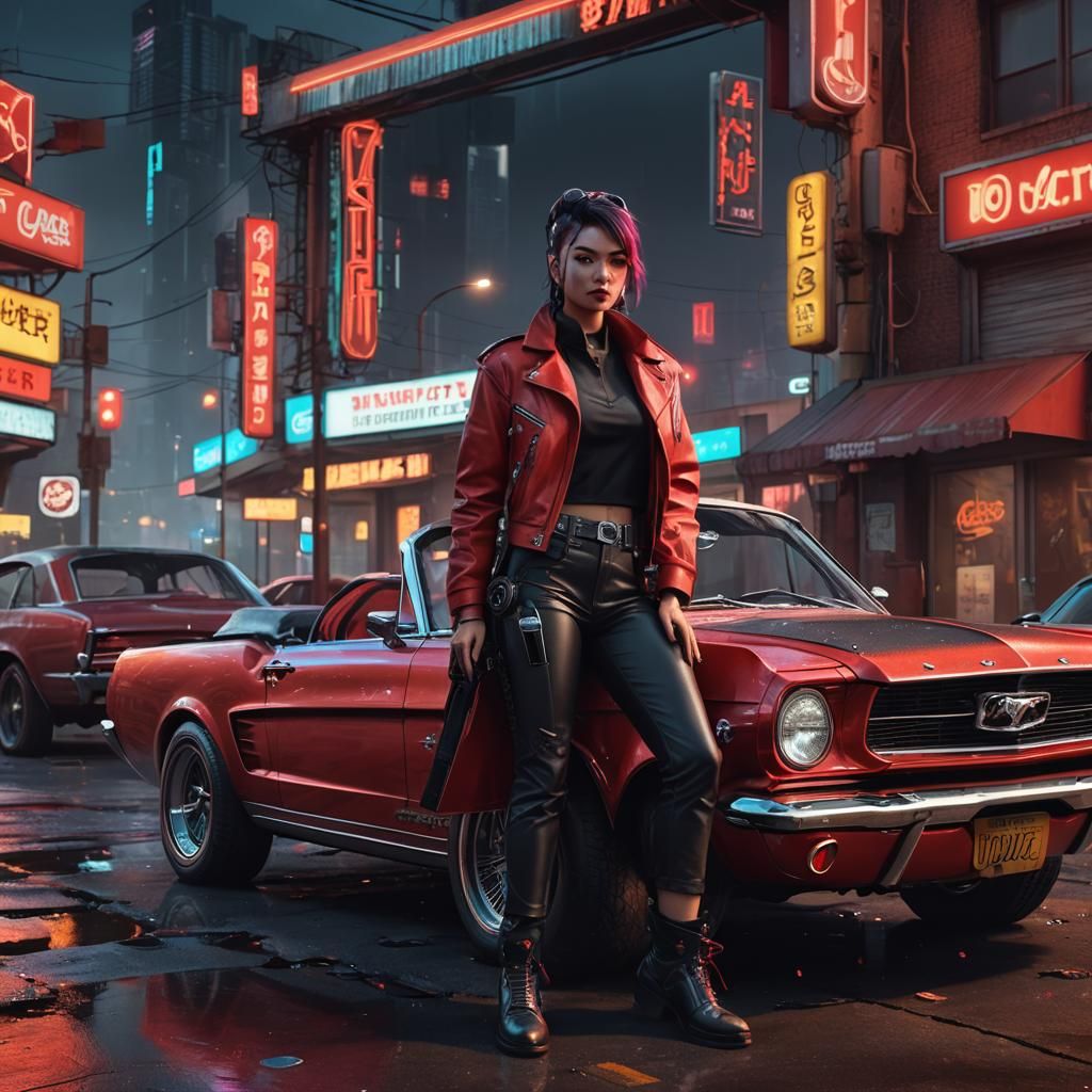 a beautiful cyberpunk girl leaning against a 1964 red mustan...