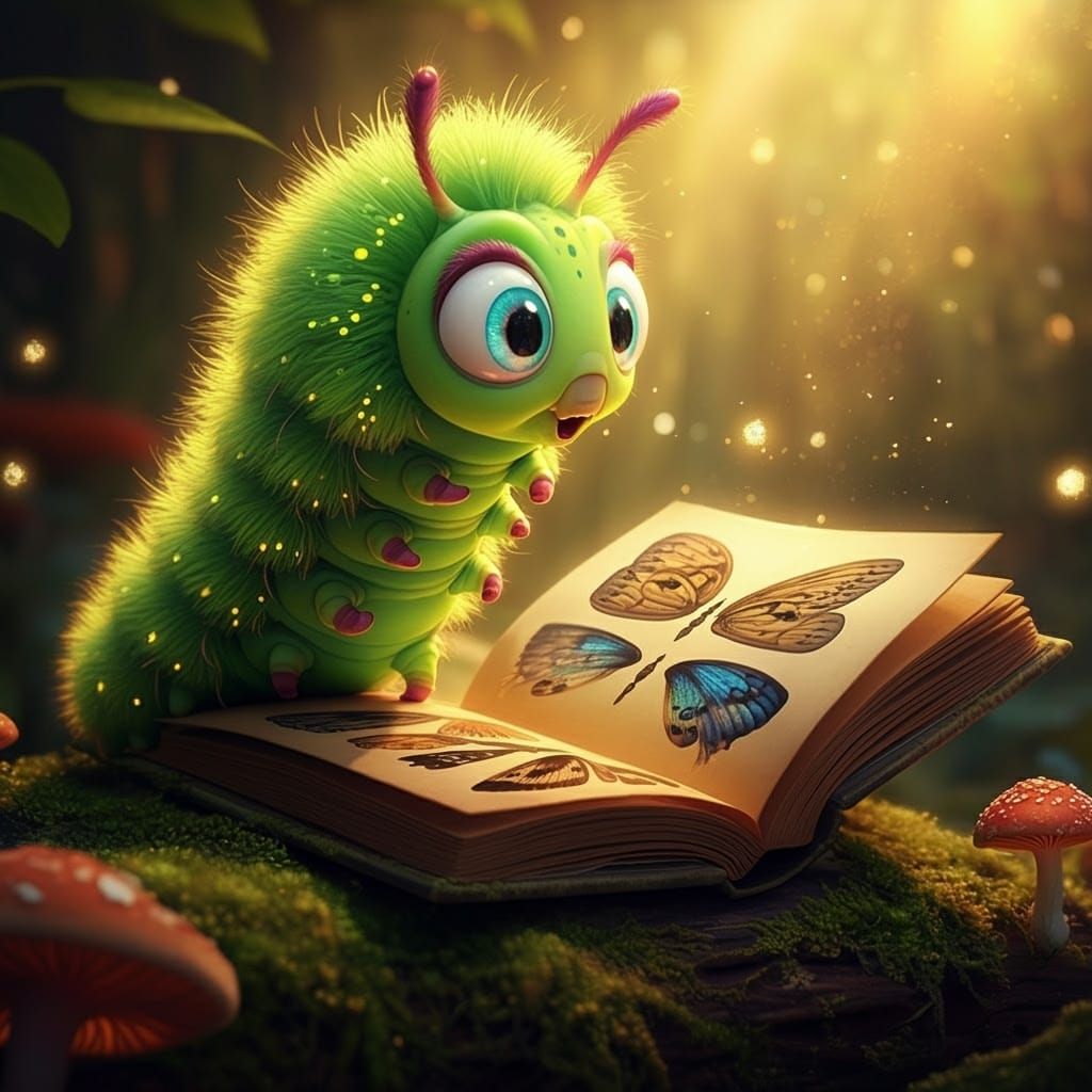 Cartoon Caterpillar's Enchanted Discovery in Magical Forest