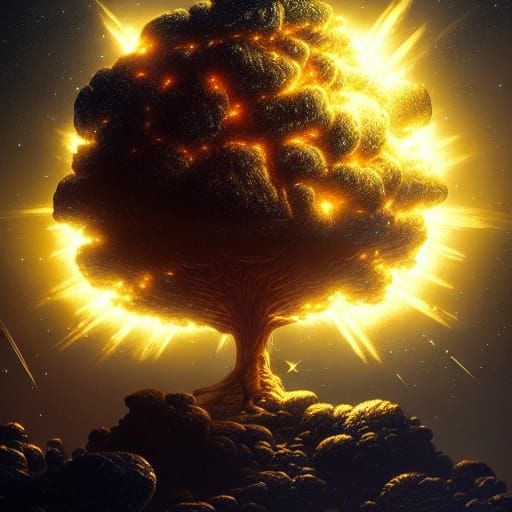 Glowing Gold Tree in Meteorite, Fantasy Art