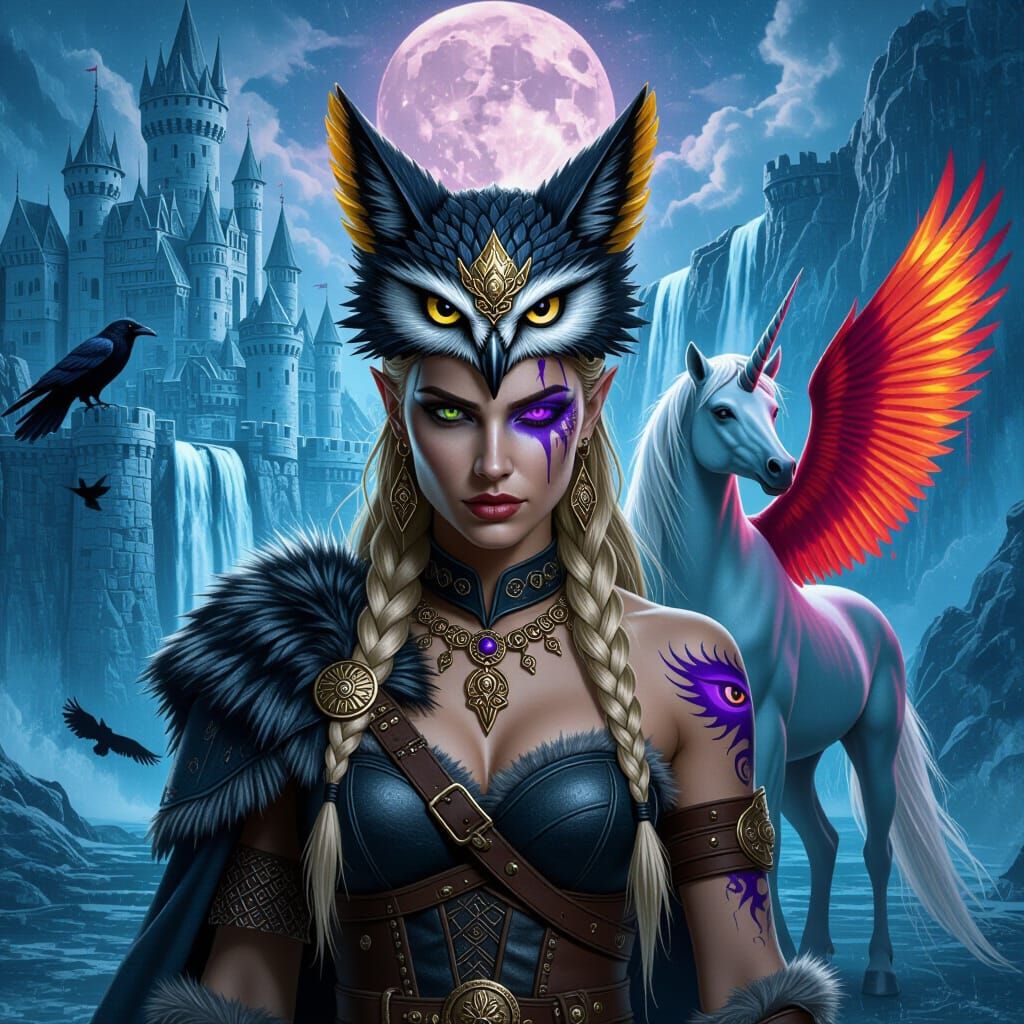 Viking Warrior Goddess With Dragon-Unicorn Hybrid