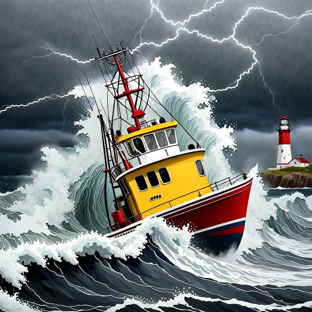 8k High detail photograph of (high surging waves) & lightning around (red & white fishing boat) with (net full of jumpin...