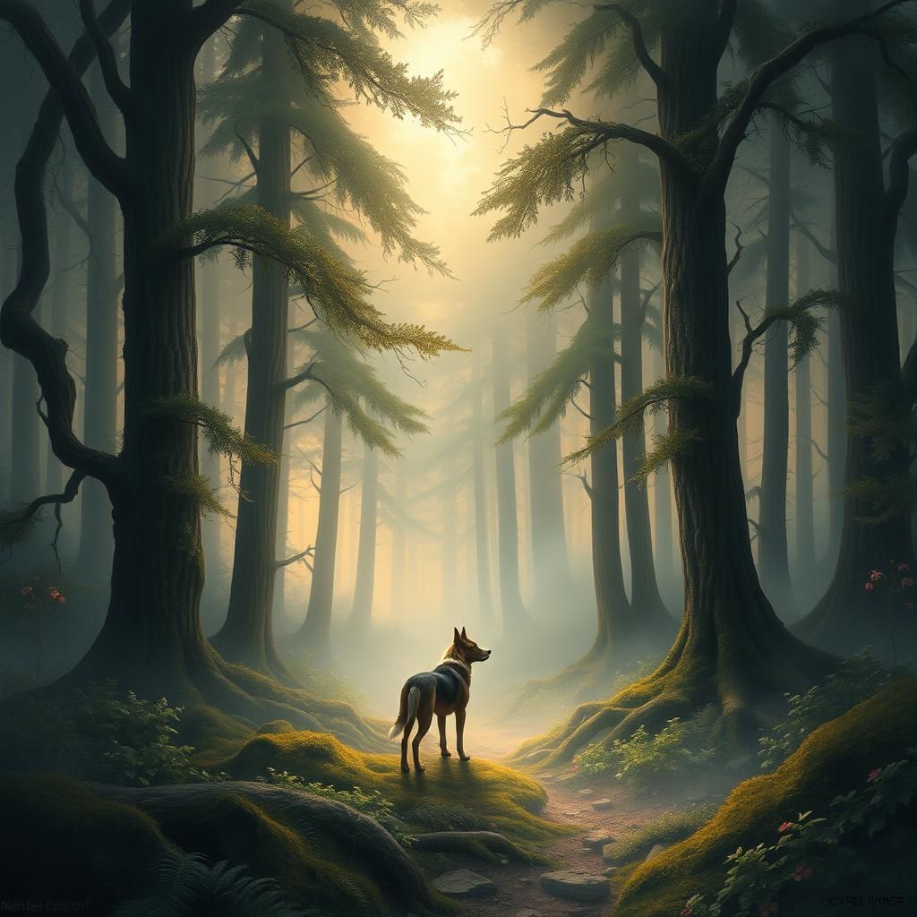 Dog in Enchanted Forest Landscape