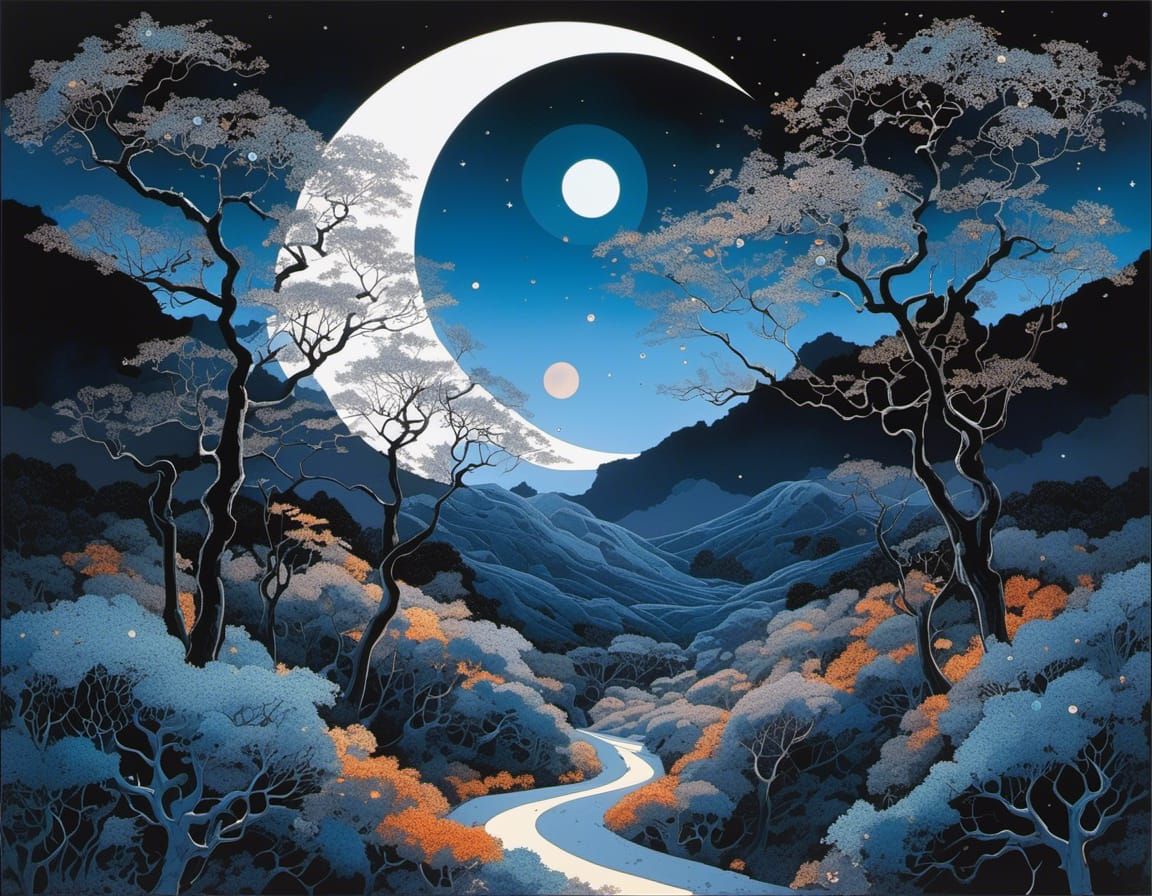 Fragmented Moon in Dark Glowing Landscape Collage