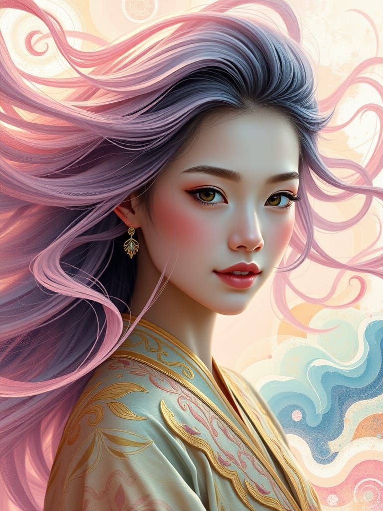 Whimsical Fantasy Woman in Pastel Hues and Gold Accents