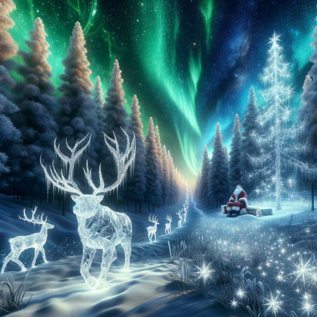 background walking through the winter forest to the front,
nothern light chunks of ice reindeer translucent icebear tran...