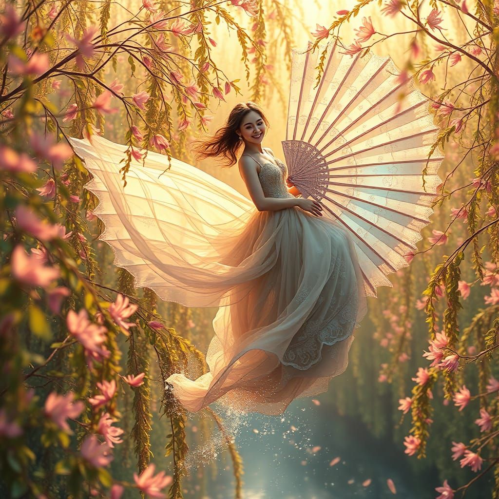 Woman on Iridescent Fan in Dream Landscape
