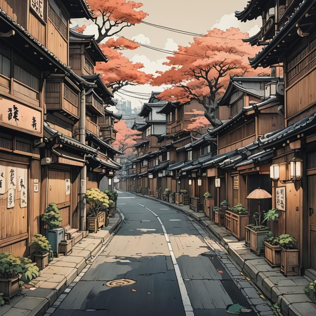 Kyoto Street Ink Sketch in Audrey Kawasaki Style