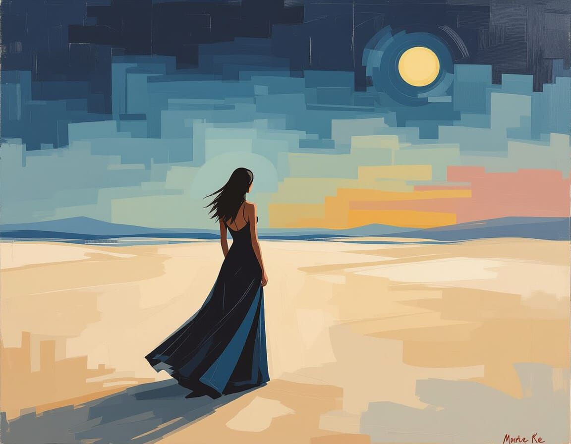 Woman Under Abstract Night Sky in Rothko Style