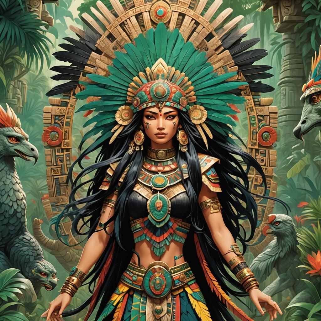 Aztec Princess with Quetzalcoatl Headpiece in Manga Style