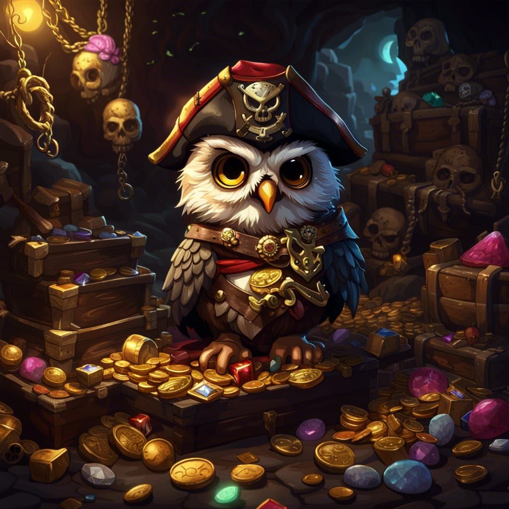 Chibi Pirate Owl with Treasure in Dark Cave