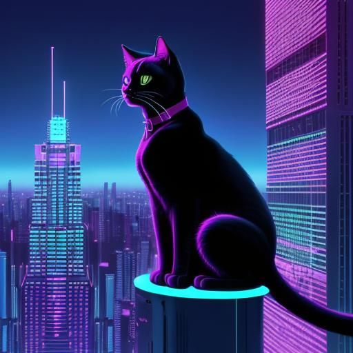 Cat on Skyscraper in Synthwave Neon Retro Style
