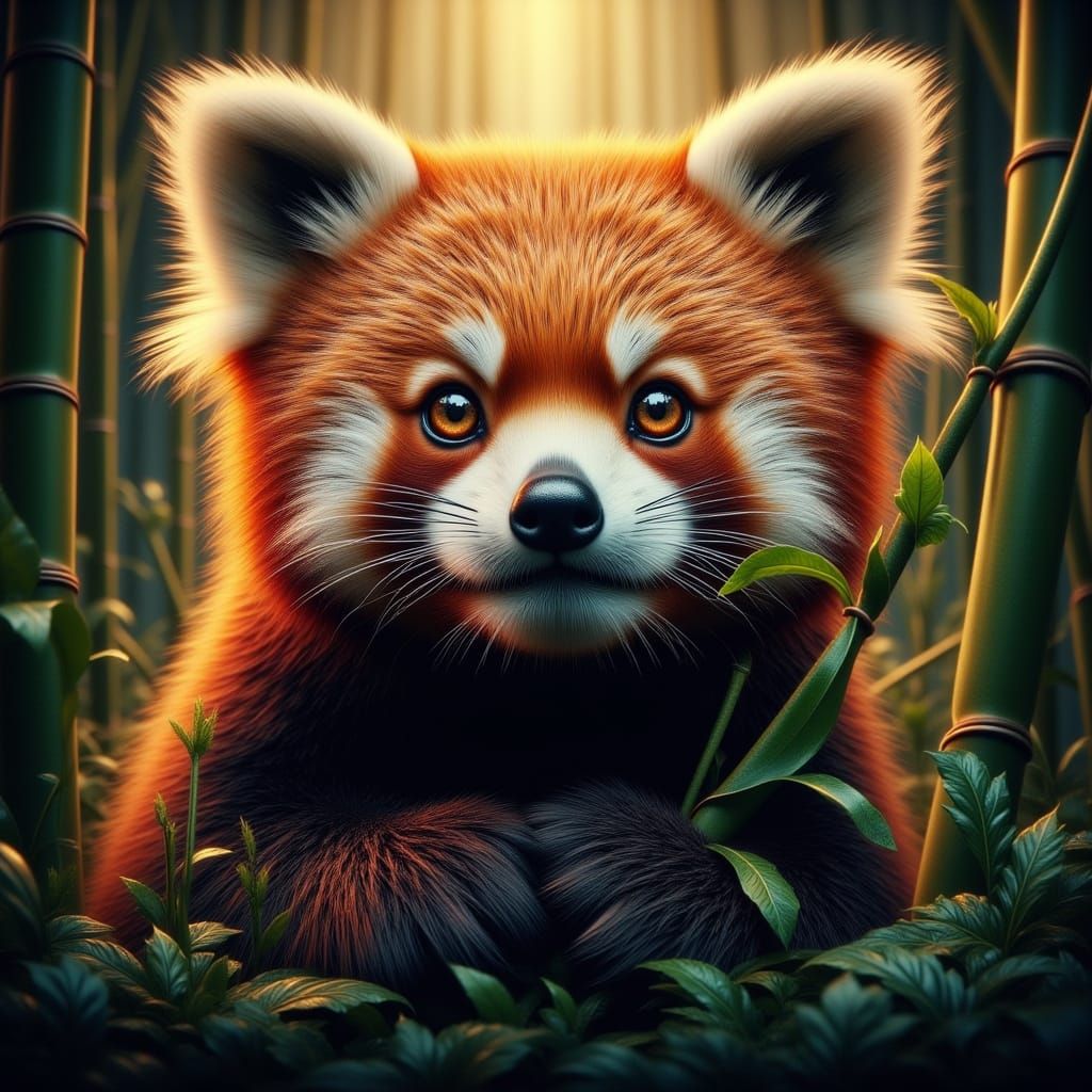 Hyperrealistic Fire Red Panda in Bamboo Forest