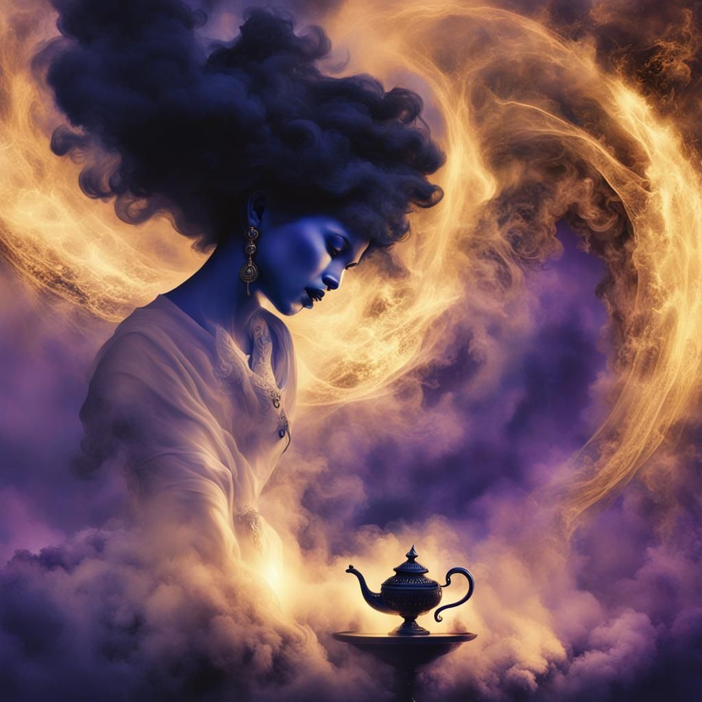 Monochromatic Genie Emerges from Lamp in Dark Fantasy