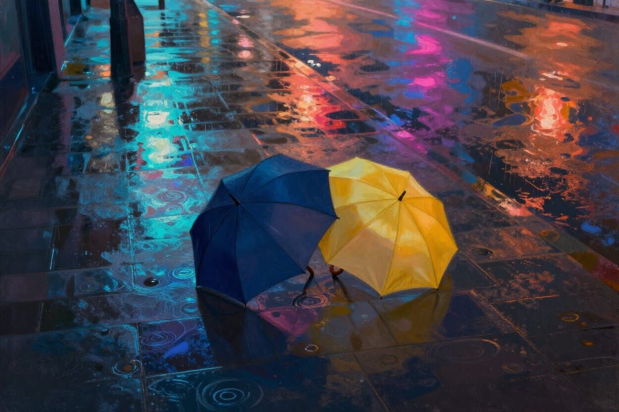 Rainy City Sidewalk at Night With Two Umbrellas