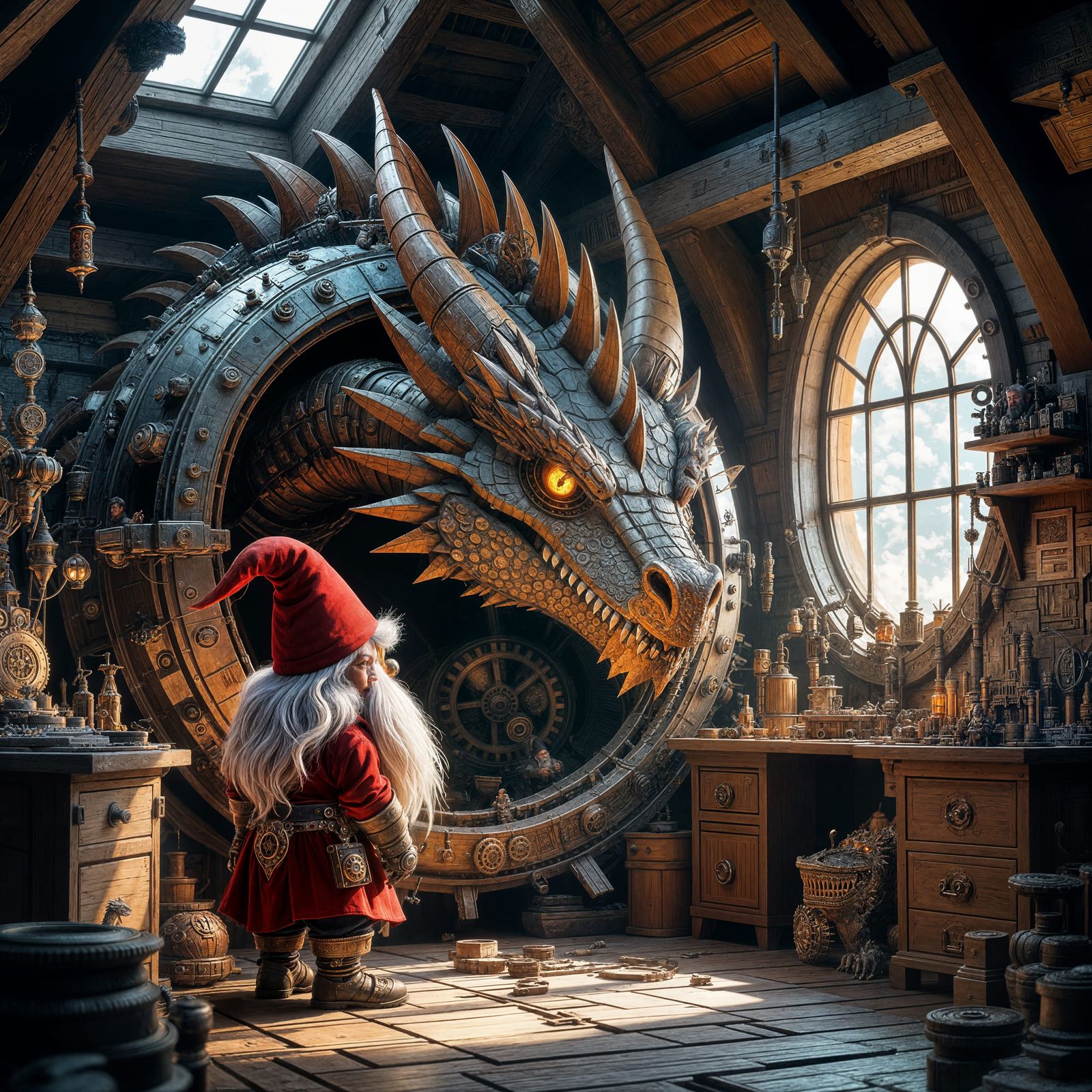 Gnome Inventor and Robotic Dragon: Dark Fantasy Art